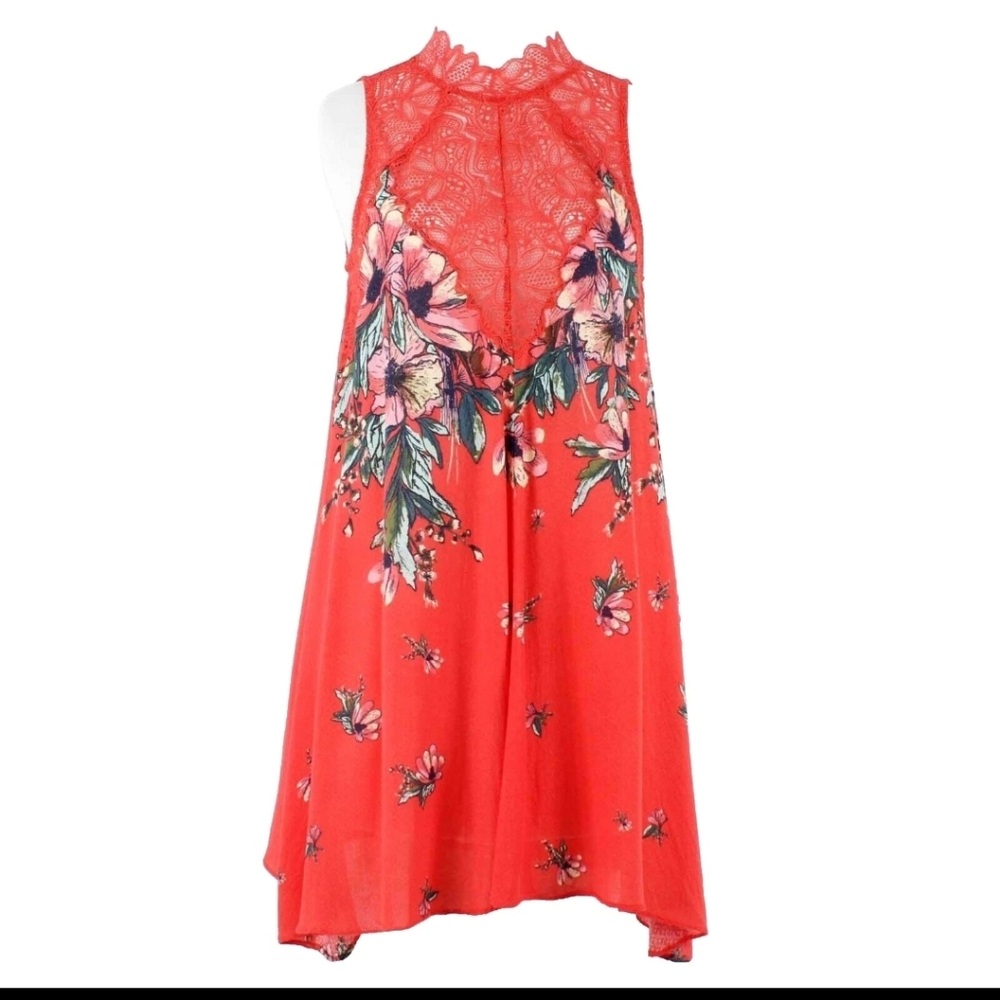 Free People Red Lace Detail Mini  Slip Dress